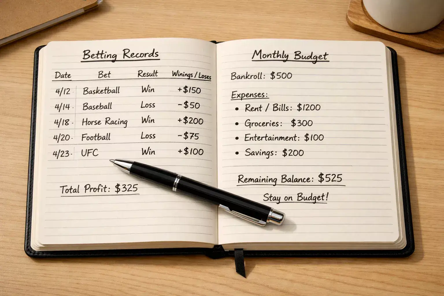 Organized notebook with betting records and simple budget notes