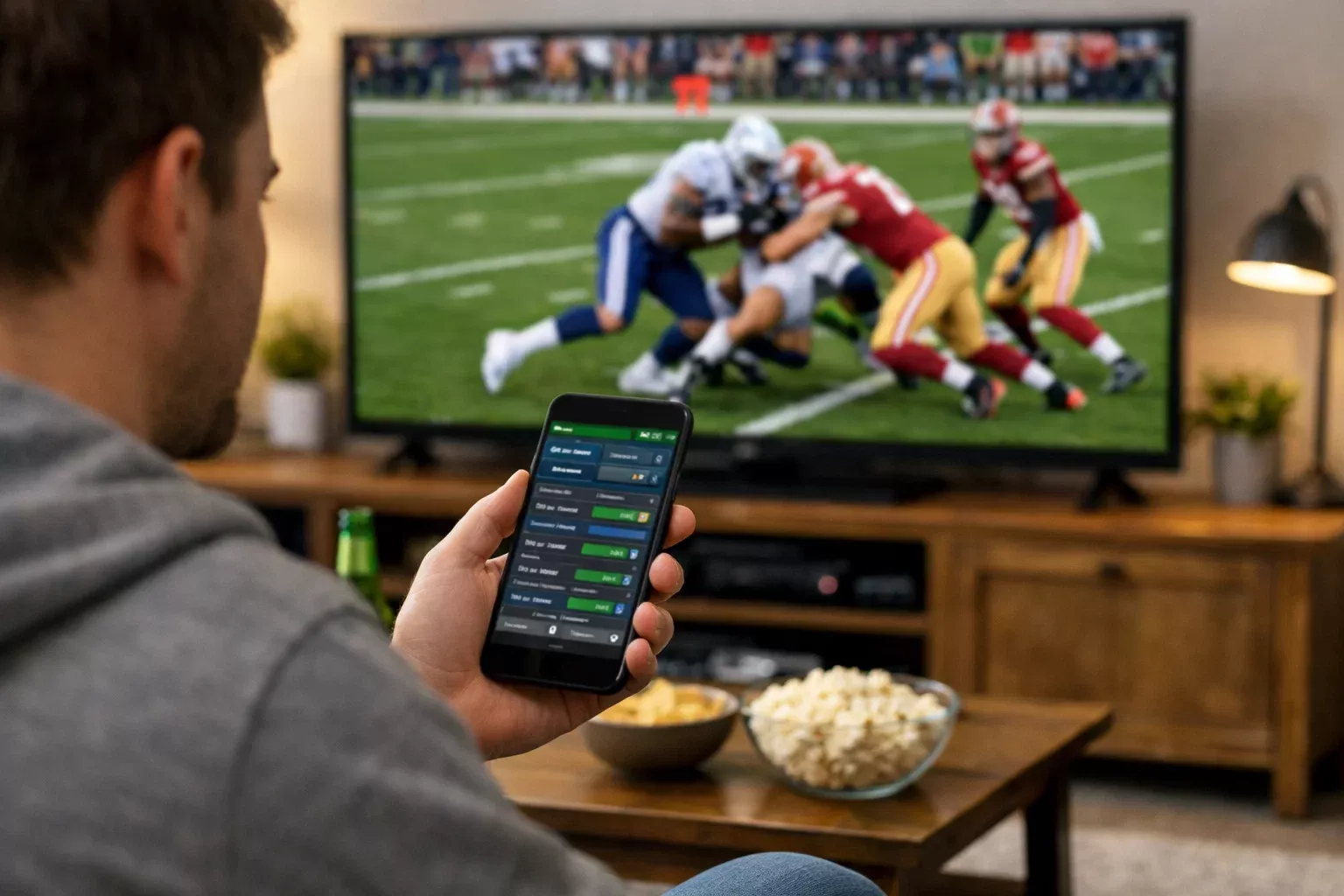 Person comparing betting odds on smartphone with NFL game on TV