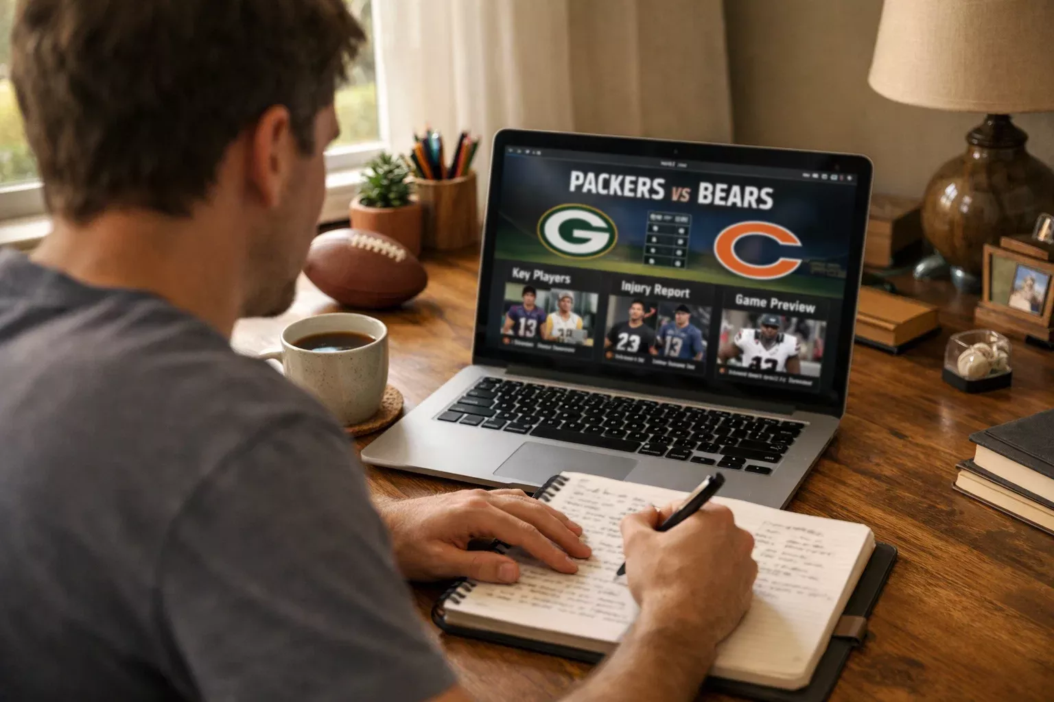 Person studying NFL matchup data with notebook and laptop