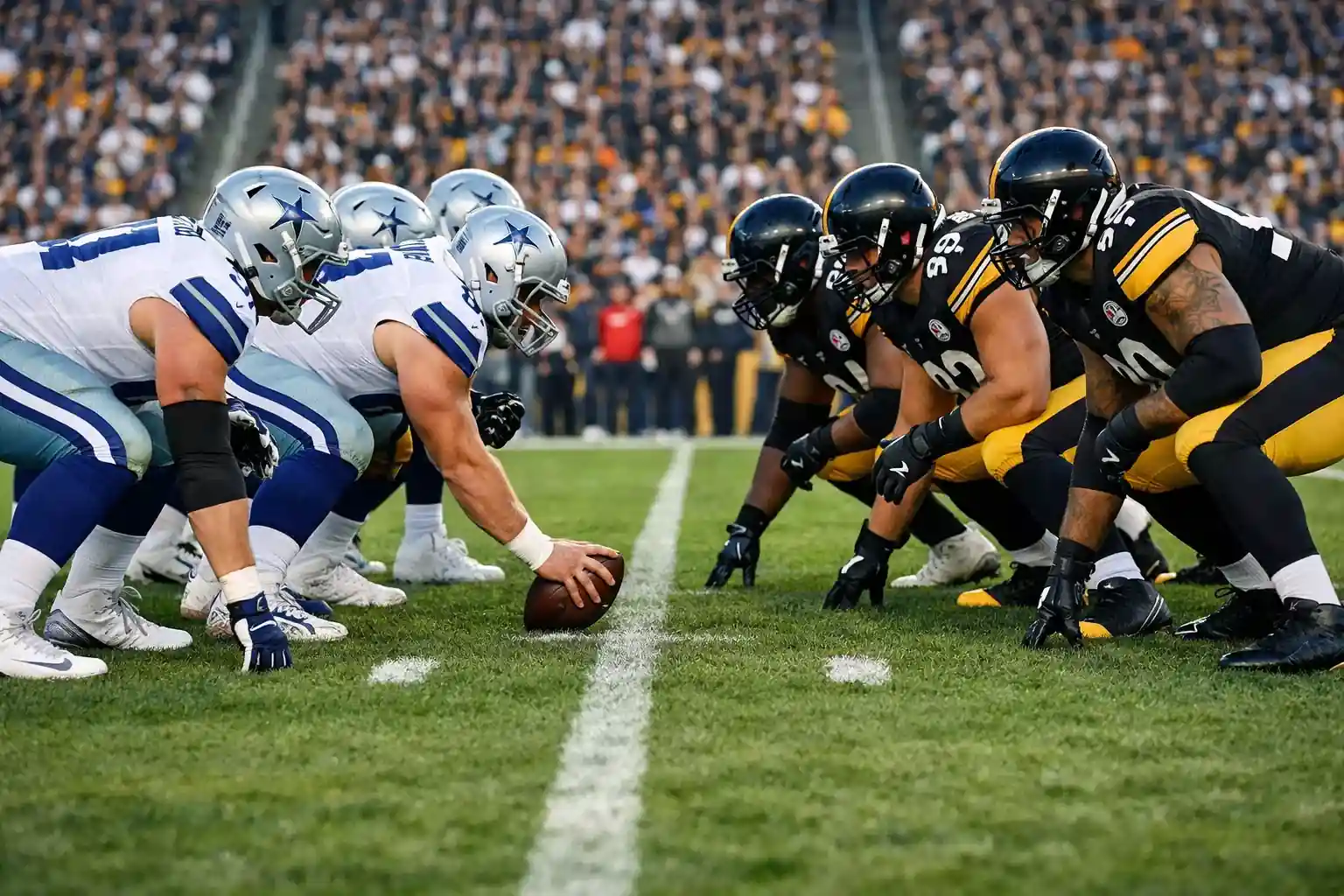 NFL players lining up at line of scrimmage before snap
