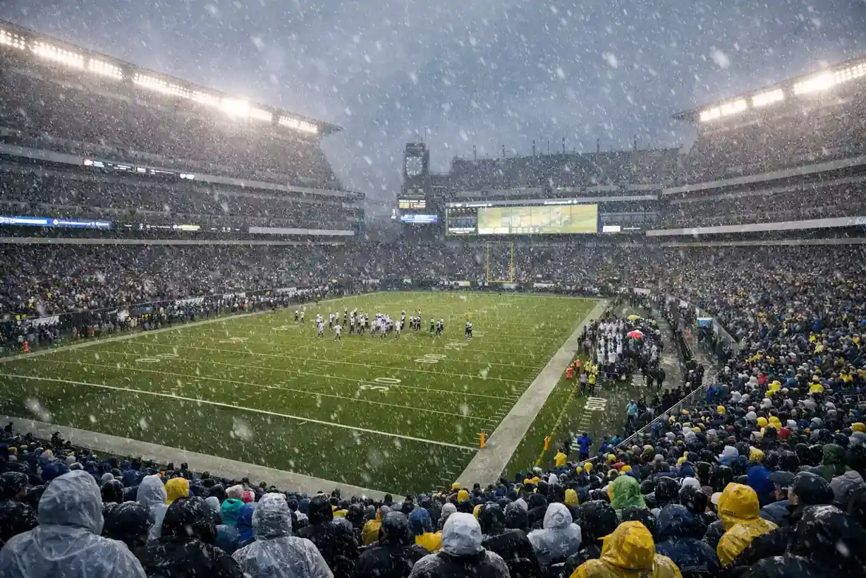 NFL outdoor stadium with visible weather conditions during game