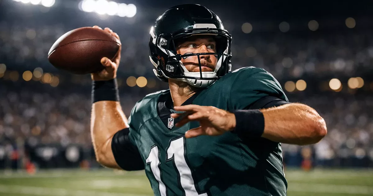NFL quarterback preparing to throw during professional football game under stadium lights