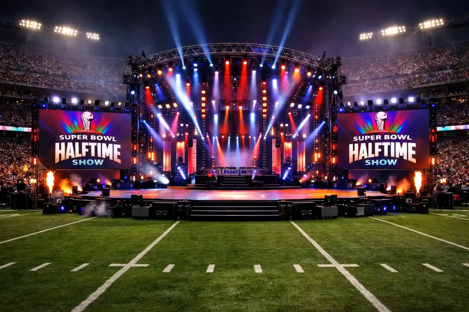 Super Bowl halftime show stage with bright lights at stadium