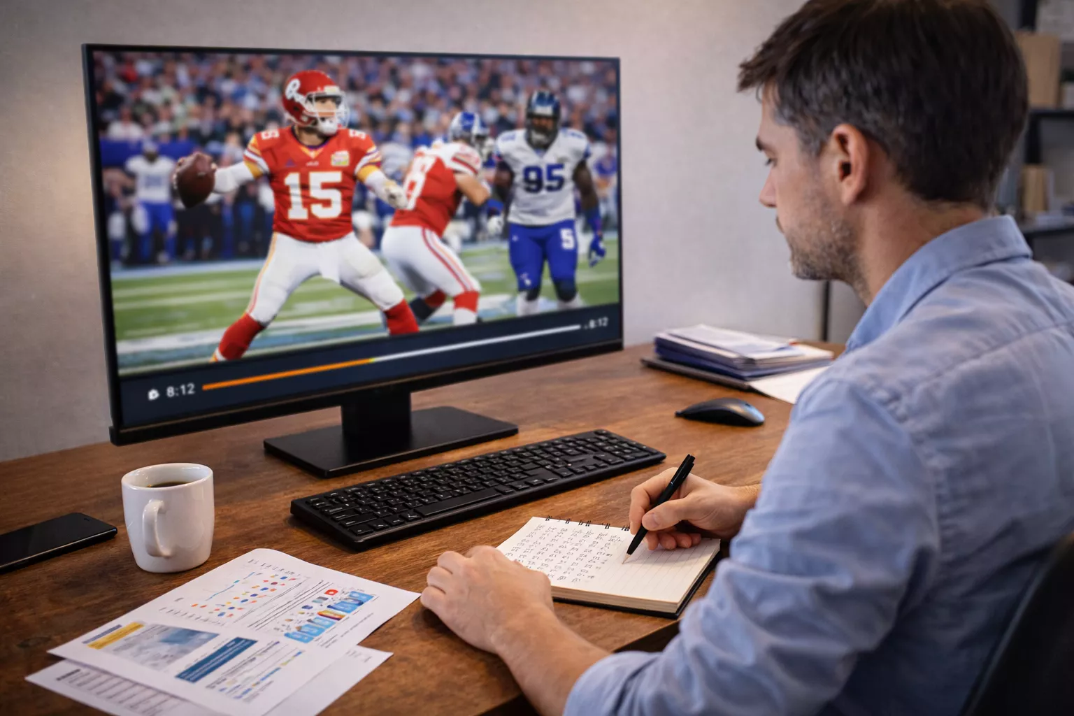 Football analyst studying NFL game footage on computer monitor