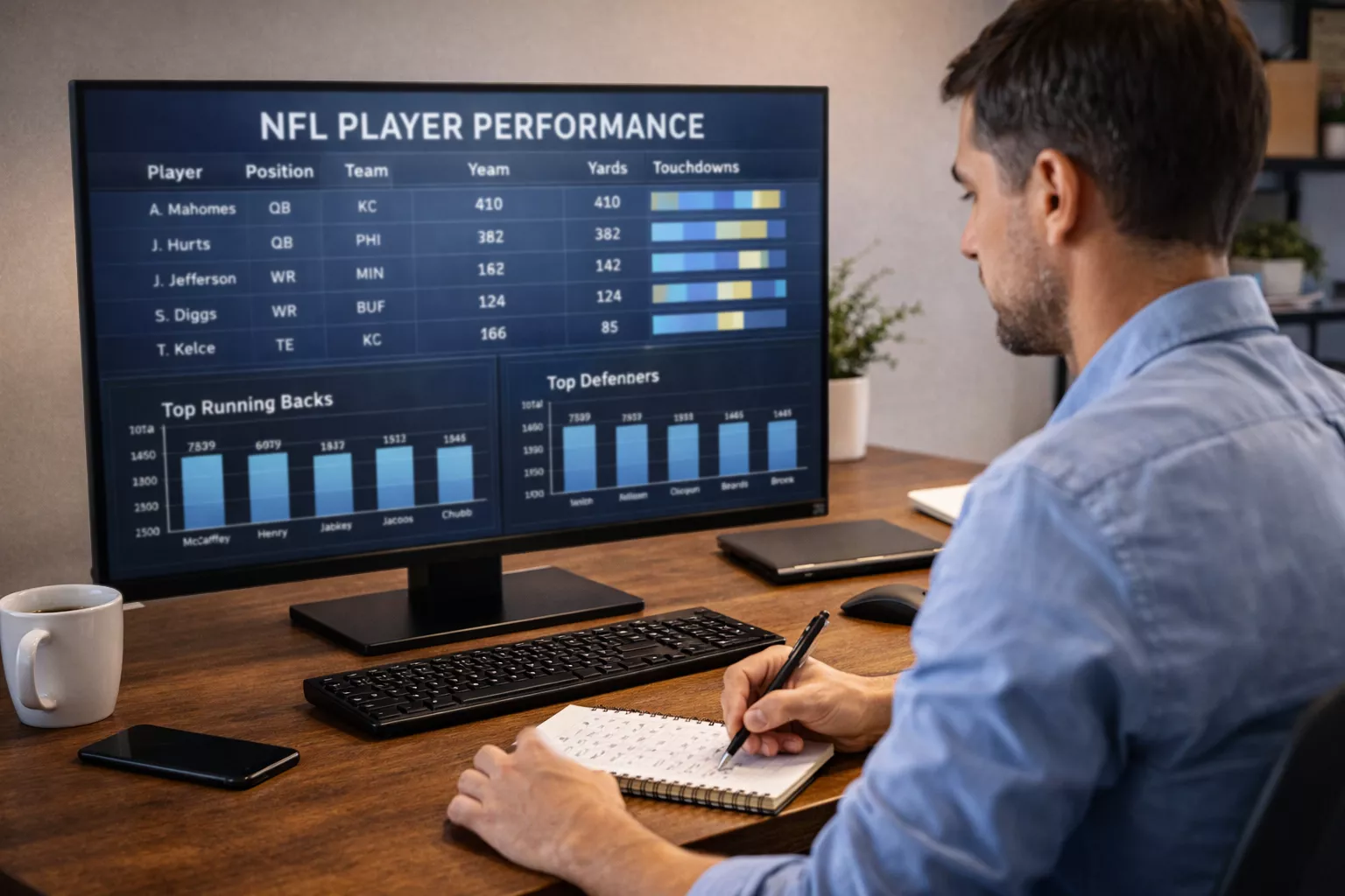 Sports analyst working with NFL player performance data on computer