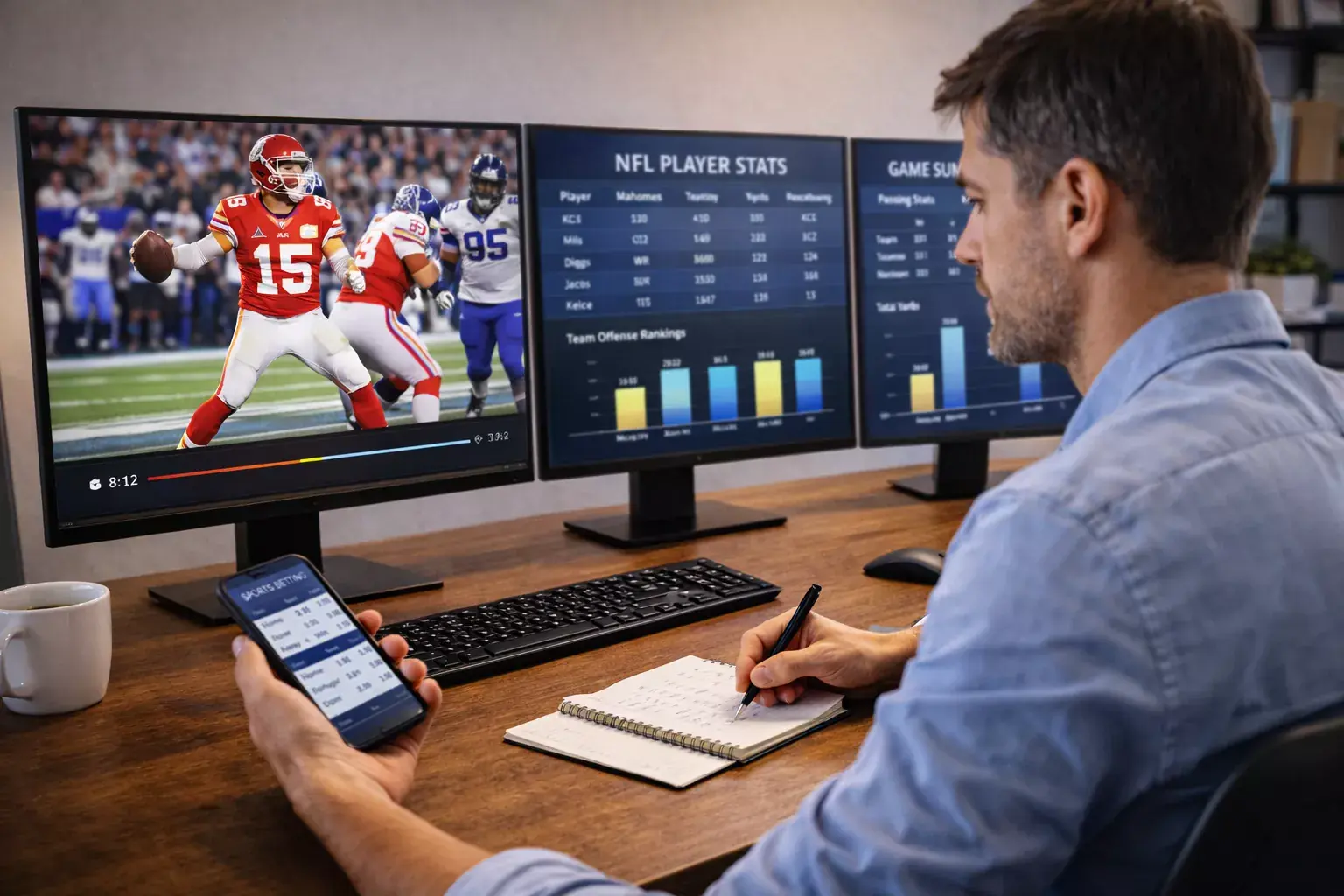 Sports analyst reviewing NFL game statistics on multiple screens