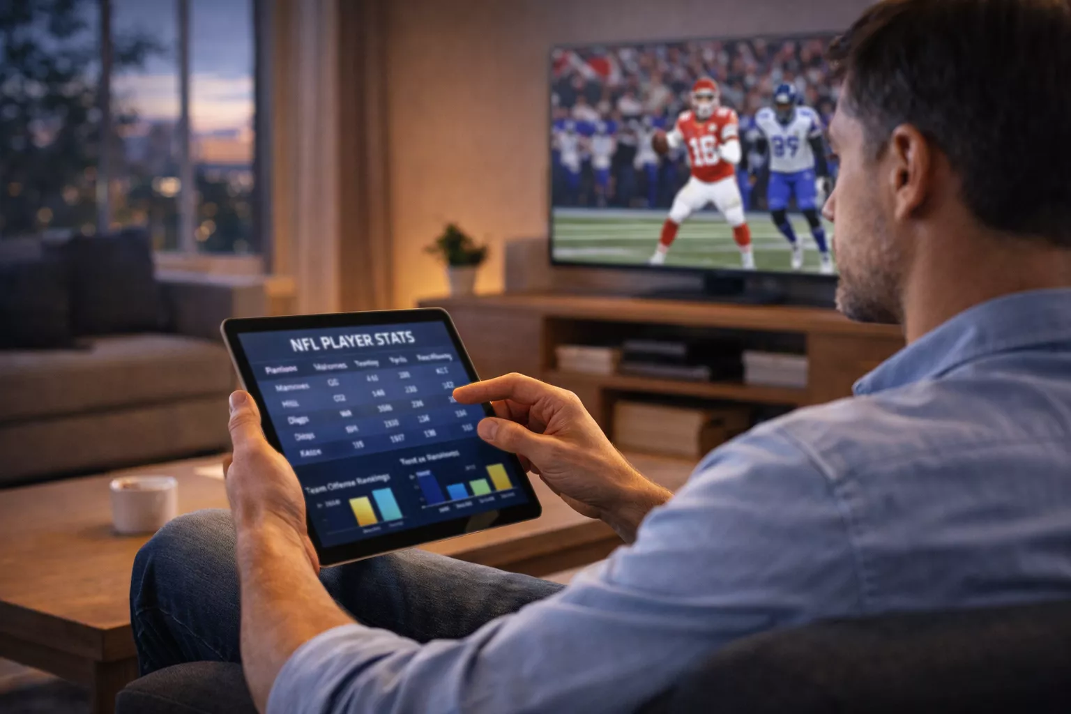Focused bettor analyzing NFL player statistics on tablet device