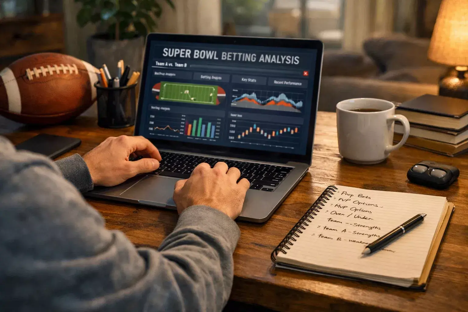 Person researching Super Bowl betting information on laptop