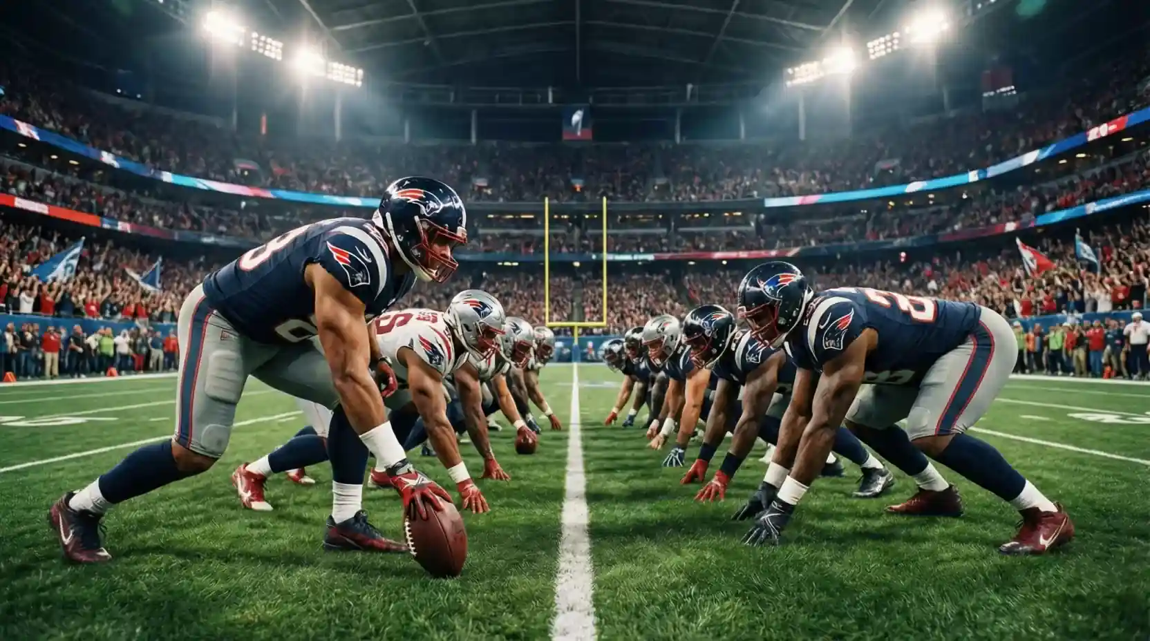 NFL teams lined up at midfield during Super Bowl kickoff