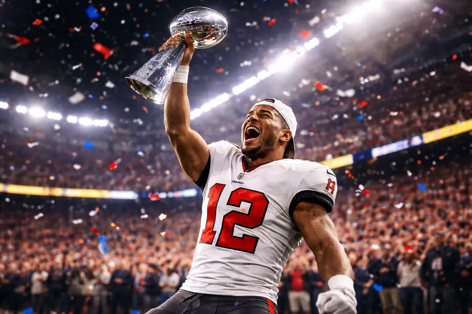 NFL player holding Super Bowl MVP trophy after championship victory