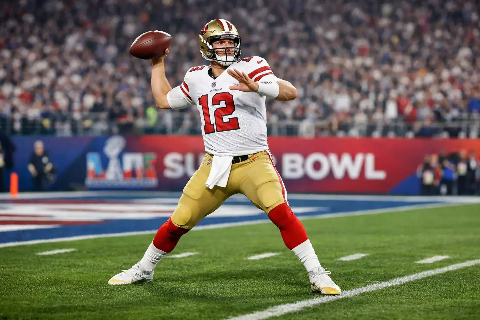 NFL quarterback throwing pass during Super Bowl championship game