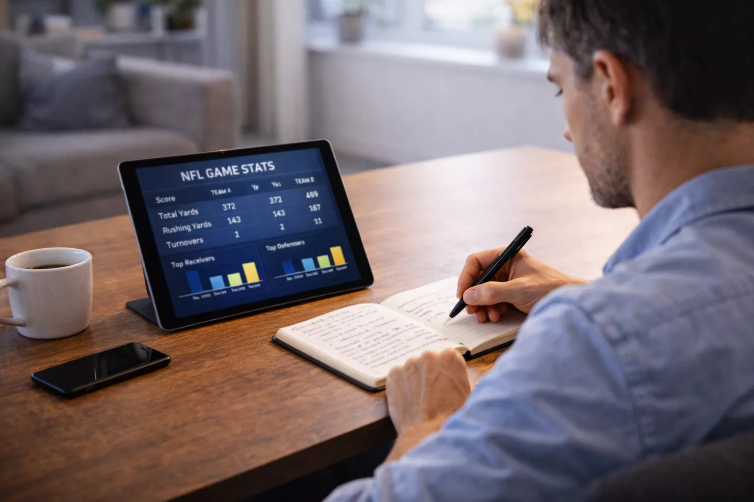 Person analyzing NFL scoring statistics with notebook and tablet