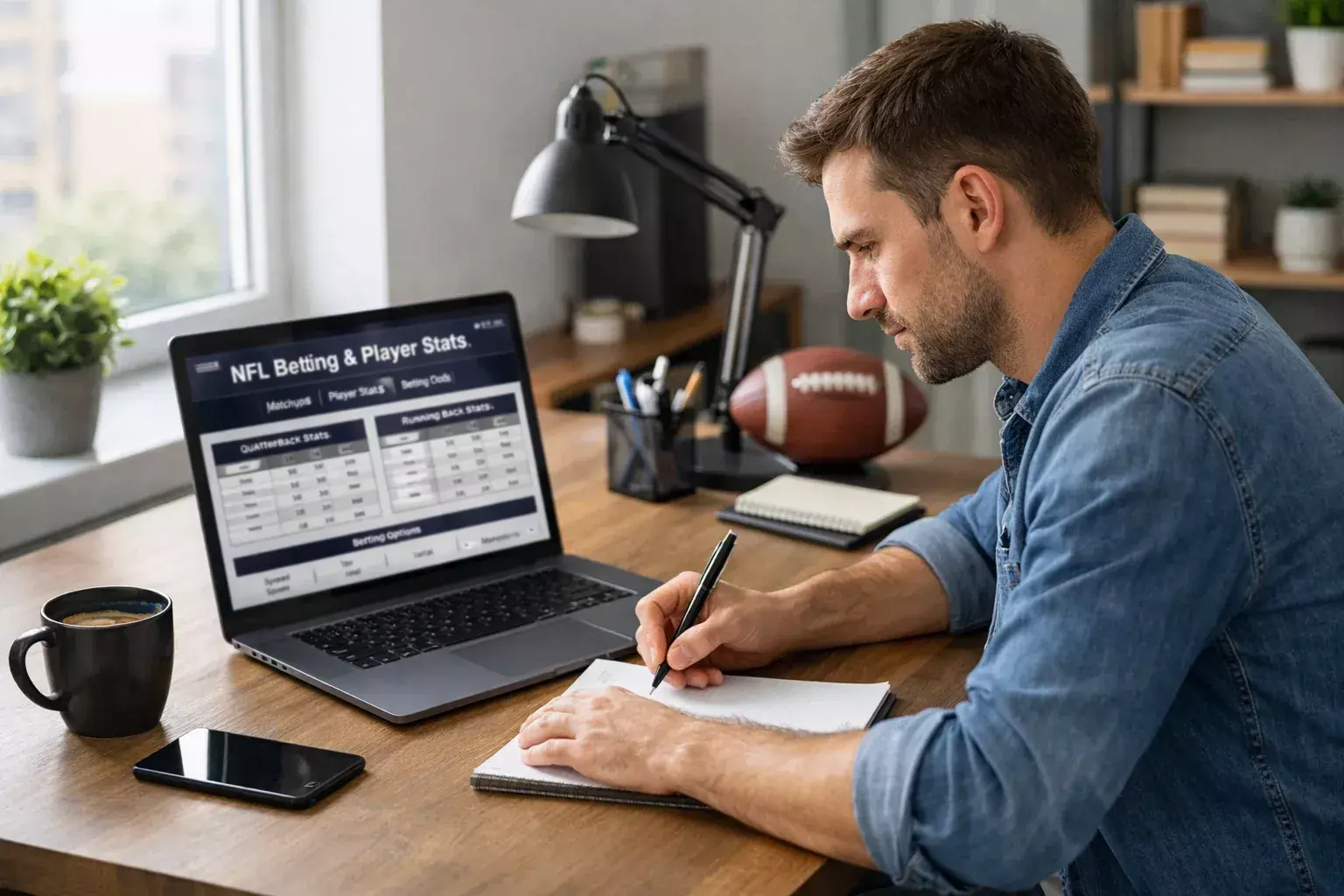 Sports bettor reviewing NFL player statistics on laptop screen